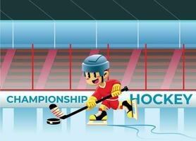 contento cartone animato ragazzo ragazzo giocando hockey gioco nel stadio vettore