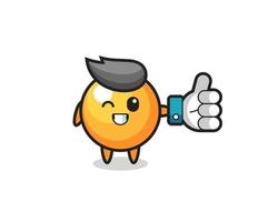 simpatica pallina da ping pong con il simbolo del pollice in alto sui social media vettore