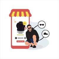 vettore illustrazione di un' uomo con un' mobile Telefono. in linea shopping concetto.