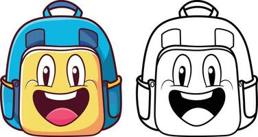 contento scuola Borsa cartone animato vettore illustrazione, bambini zaino , zaino, zaino, zaino, pacchetto, zaino in spalla, zaino per libri, borsa per libri, o zaino portafortuna personaggio colorato e nero e bianca linea arte azione