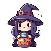 carino cartone animato ragazza nel strega costume con Halloween zucca. vettore illustrazione.