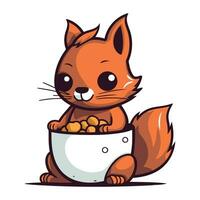 carino cartone animato scoiattolo con un' ciotola di noccioline. vettore illustrazione.
