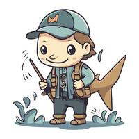 pescatore con un' grande pesce. carino cartone animato vettore illustrazione.