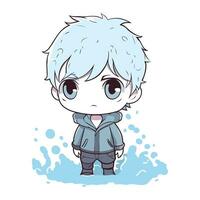 carino anime ragazzo con blu capelli nel inverno Abiti vettore illustrazione design