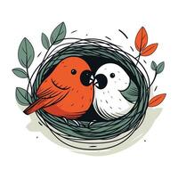 mano disegnato vettore illustrazione di un' coppia di uccelli nel un' nido.