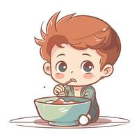 illustrazione di un' carino poco ragazzo mangiare un' ciotola di cibo vettore