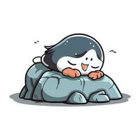 pinguino addormentato su roccia cartone animato vettore illustrazione. carino cartone animato pinguino addormentato su pietra.