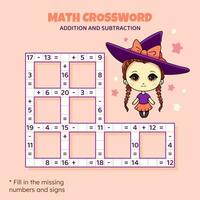 matematica cruciverba puzzle per bambini. aggiunta e sottrazione. conteggio su per 20. gioco per bambini. vettore illustrazione. colorato cruciverba con cartone animato anime ragazza. compito, formazione scolastica Materiale per bambini.