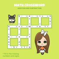 matematica cruciverba puzzle per bambini. aggiunta e sottrazione. conteggio su per 10. gioco per bambini. vettore illustrazione. colorato cruciverba con cartone animato anime ragazza. compito, formazione scolastica Materiale per bambini.