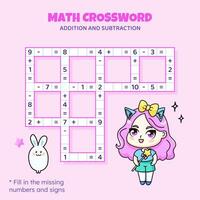 matematica cruciverba puzzle per bambini. aggiunta e sottrazione. conteggio su per 10. gioco per bambini. vettore illustrazione. colorato cruciverba con cartone animato anime ragazza. compito, formazione scolastica Materiale per bambini.