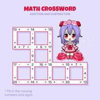 matematica cruciverba puzzle per bambini. aggiunta e sottrazione. conteggio su per 20. gioco per bambini. vettore illustrazione. colorato cruciverba con cartone animato anime ragazza. compito, formazione scolastica Materiale per bambini.