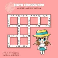 matematica cruciverba puzzle per bambini. aggiunta e sottrazione. conteggio su per 20. gioco per bambini. vettore illustrazione. colorato cruciverba con cartone animato anime ragazza. compito, formazione scolastica Materiale per bambini.