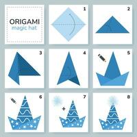 Magia cappello origami schema lezione in movimento modello. origami per bambini. passo di passo Come per rendere un' carino origami Accessori. vettore illustrazione.