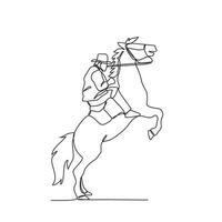 uno continuo linea disegno di persone equitazione il cavallo. un' fantino è qualcuno chi cavalcate un' cavallo nel un' gara. equitazione il cavallo nel semplice lineare stile vettore illustrazione. adatto design per il tuo bene.