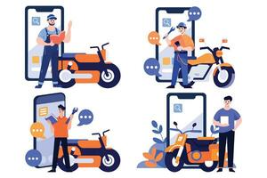 mano disegnato motociclo meccanico personaggio con smartphone nel il concetto di in linea riparazione tecnico nel piatto stile vettore