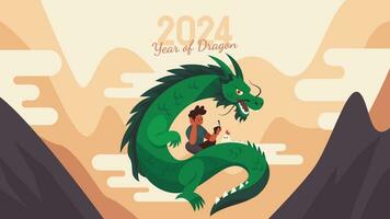 2024 Cinese nuovo anno verde Drago vettore illustrazione con un' verde Drago e persone impegnato nel vario attività Perfetto per saluto carte, manifesti, banner e di più.