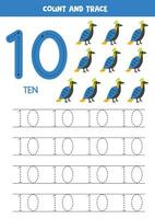 tracciare numeri. numero 10 dieci. carino cartone animato monale uccello. vettore
