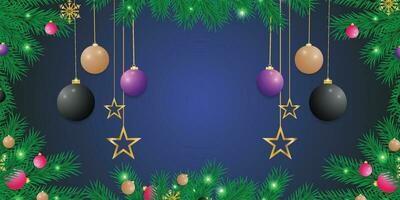 realistico Natale verde foglia bandiera con blu e nero palle con luci e d'oro stelle con i fiocchi di neve e un' buio blu sfondo. vettore