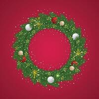 realistico Natale verde ghirlanda con rosso e bianca d'oro palle e neve con i fiocchi di neve e d'oro luci con caramelle e d'oro stelle. vettore