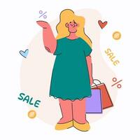 ragazza con shopping borse. vettore piatto illustrazione di contento donna. concetto di sconto, nero Venerdì vendita