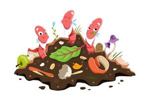 cartone animato terra verme personaggi mangiare concime suolo vettore