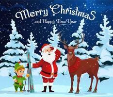 Natale Santa sta con sci, elfo e cervo vettore