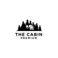 cabina in legno premium e design del logo nero vettoriale retrò in foresta di pini