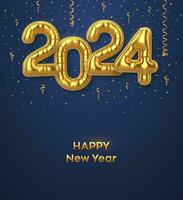 contento nuovo 2024 anno. d'oro Foglio Palloncino numeri su blu sfondo. alto dettagliato 3d realistico oro Foglio elio palloncini. allegro Natale e contento nuovo anno 2024 saluto carta. vettore illustrazione.