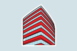 edificio grattacielo nel paesaggio urbano etichetta design vettore illustrazione. edificio e punto di riferimento oggetto icona concetto. azienda edifici nel piatto stile etichetta design logo.