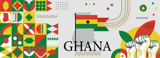 Ghana nazionale o indipendenza giorno bandiera per nazione celebrazione. bandiera e carta geografica di Ghana con sollevato pugni. moderno retrò design con typorgaphy astratto geometrico icone. vettore illustrazione.