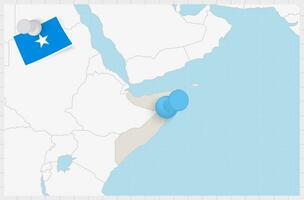 carta geografica di Somalia con un' appuntato blu spillo. appuntato bandiera di Somalia. vettore
