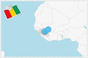 carta geografica di Guinea con un' appuntato blu spillo. appuntato bandiera di Guinea. vettore