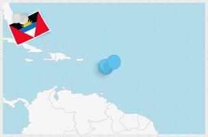 carta geografica di antigua e barbuda con un' appuntato blu spillo. appuntato bandiera di antigua e barbada. vettore