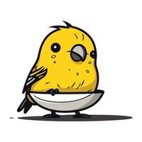 carino cartone animato giallo uccello seduta su un' piatto. vettore illustrazione.
