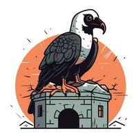 vettore illustrazione di un' avvoltoio su il rovine di un vecchio fortezza.