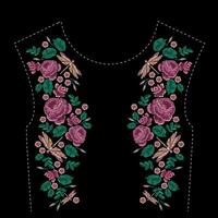 ricamato composizione con Rose, fiori selvatici, le foglie e libellula. raso punto ricamo floreale design su nero sfondo. popolare linea di moda modello per Abiti con scollatura, vestito arredamento. vettore