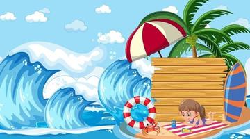 modello di banner vuoto con i bambini in vacanza sulla scena diurna della spiaggia vettore