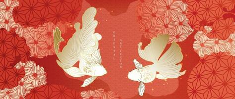 lusso orientale giapponese modello sfondo vettore. elegante pesce rosso e fiore d'oro linea arte su rosso sfondo. design illustrazione per decorazione, sfondo, manifesto, striscione, carta. vettore