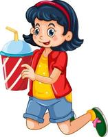personaggio dei cartoni animati di ragazza felice che tiene un bicchiere di plastica della bevanda vettore