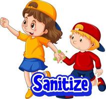 due bambini non mantengono la distanza sociale con il logo del carattere disinfettante vettore