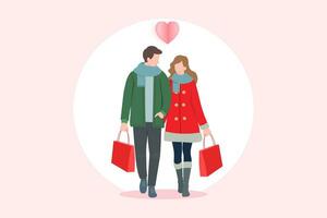 giovane coppia a piedi insieme con shopping borse. persone acquisto regalo nel Natale giorno, Natale moda, vettore illustrazione.