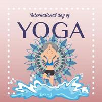 banner della giornata internazionale dello yoga con una donna anziana che fa esercizio di yoga vettore
