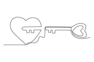 continuo uno linea disegno carino paio cuore sagomato chiave e buco della serratura in forma su puzzle simbolo. romantico, amore, relazione coppia compagno matrimonio concetto. singolo linea disegnare design vettore grafico illustrazione