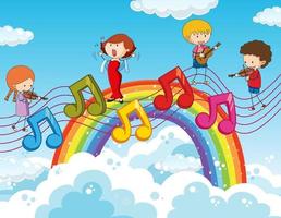 bambini felici con simboli di melodia musicale nel cielo con arcobaleno vettore