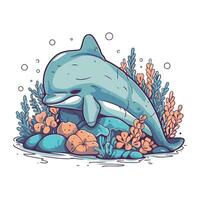 delfino nel il mare. vettore illustrazione di un' cartone animato delfino.
