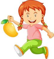personaggio dei cartoni animati di ragazza felice che tiene un mango vettore
