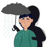depressione, psicologico stato. un' nero silhouette sopra un' giovane uomo detiene un ombrello nel il modulo di un' grigio nube a partire dal quale esso piove. vettore