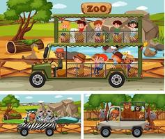 diverse scene di safari con animali e personaggi dei cartoni animati per bambini vettore