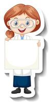 adesivo cartone animato con una ragazza in abito da scienze che tiene una tavola vuota vettore