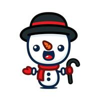 carino e kawaii stile Natale pupazzo di neve cartone animato personaggio con cappello e canna vettore